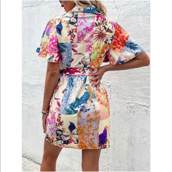 Boho Floral Tropical Butterfly Wrap Mini Dress - Picture 4 of 12